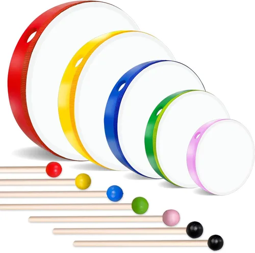 5 piezas de juego de tambores de mano para niños con marco de madera y baquetas de 12 pulgadas, 10 pulgadas, 8 pulgadas, 6 pulgadas, 4 pulgadas,