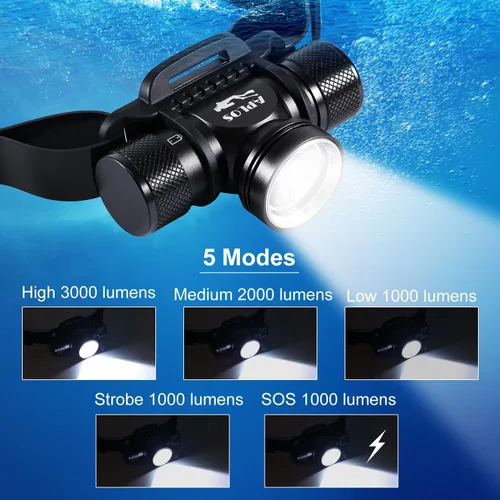 Vista 3 de APLOS HP900 - Linterna de buceo recargable - 3000 lúmenes súper brillante linterna de buceo, faro de natación IP68 impermeable profesional submarino