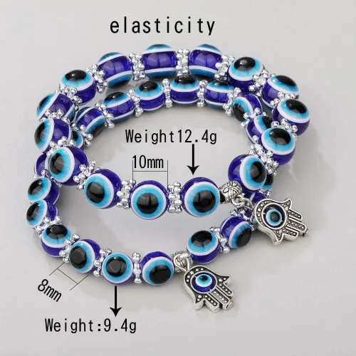Vista 2 de Evil Eye Hamsa Blue Beaded Charm Stretch Bracelet Hand of Fatima Turkish Lucky Evil Eye Bracelet for Protection and Blessing