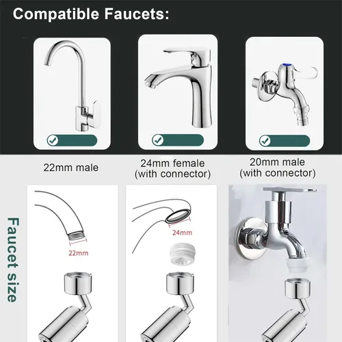 Vista 7 de Grifo de extensión giratorio universal 1080 con brazo robótico giratorio, fregadero aireador, grifo giratorio de agua con 2 modos, extensión