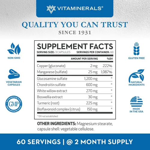 Vista 2 de Vitaminerals® 128 Glucosamina Joint Support Complejo Glucosamina-Condroitina Veggie Caps (90 unidades)