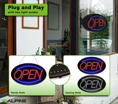 Vista 5 de Alpine Led Open Signs for Business Window - Flashing & Stable Bright High Visibility Lighted Open Led Sign, Electric Store Open Sign to Hang in
