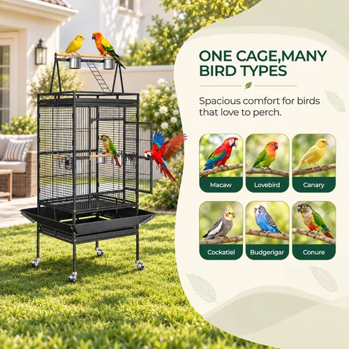 Vista 5 de ZENY Jaula de 68 pulgadas para pájaros con parte superior para jugar, jaula de loro de hierro forjado con soporte móvil, casa resistente