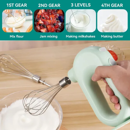 Vista 3 de 4 Speed Electric Hand Mixer, Mini 4 Speed Adjustable Cordless USB Rechargeable Electric Whisk Hand Mixer Portable Handheld Mixer 1500mAh Egg Beater