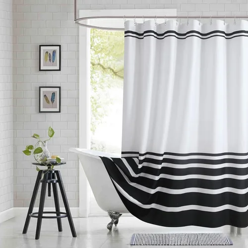 Vista 30 de Cortinas de Ducha Negras, Cortinas de Ducha de Poliéster Impermeable con Rayas Horizontales Degradadas en Blanco y Negro Modernas para Baño, 72x72