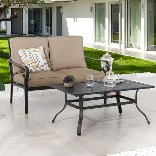 Vista 9 de LOKATSE HOME Juego de sofá biplaza de patio de 2 piezas para exteriores acolchado con mesa auxiliar, marco de acero, azul