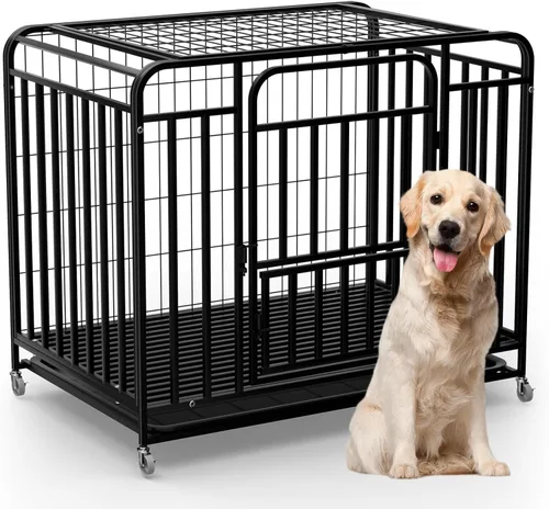 43.3 Inch Escape Proof Dog Cage for Medium Dogs, Heavy Duty Three-Door Dog Crate with Lockable Wheels and Removable Tray (43.3x29.5x35.4 in)
