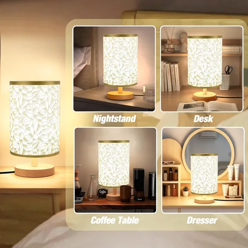 Vista 7 de Lámpara de escritorio con bombilla LED incluida, pequeña lámpara de mesita de noche enchufable, base de madera clásica con pantalla de tela de lino