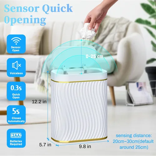 Vista 2 de Cubo de basura pequeño para baño con tapa automática sin contacto, bote de basura inteligente de 2.6 galones, contenedor de basura estrecho e