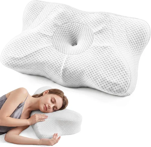 Vista 15 de OLIXIS Almohada cervical de contorno para aliviar el dolor de cuello, ergonómica de doble altura Azul