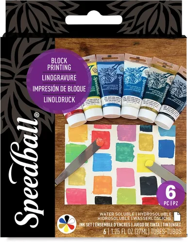 Speedball 3470 Water-Soluble Block Printing Ink Starter Set – 6 Bold Colors with Satiny Finish - 1.25 FL OZ Tubes, Multicolor
