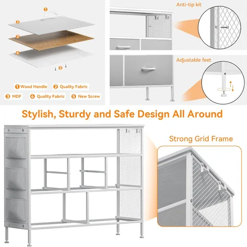 Vista 13 de Cómoda para dormitorio, soporte de TV con tomas de corriente y luz LED, cómoda de 6 cajones con bolsillos laterales y ganchos, cómoda ancha