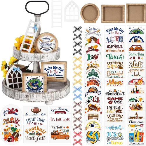 Vista 9 de Bencailor Juego de decoración de bandejas escalonadas intercambiables de 48 piezas para temporada, decoración de granja, vacaciones, Halloween