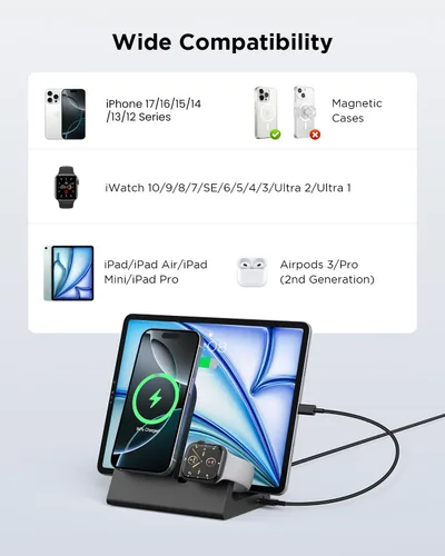 Vista 3 de Cargador inalámbrico Mag-Safe para iPhone: estación de carga 3 en 1 para múltiples dispositivos Apple - Soporte de carga de 18 W para iPhone 16 15