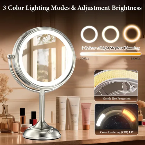 Vista 4 de Espejo de maquillaje profesional grande de 8.5 pulgadas con luces más brillantes, espejo de aumento 1X/10X True HD con 3 luces regulables