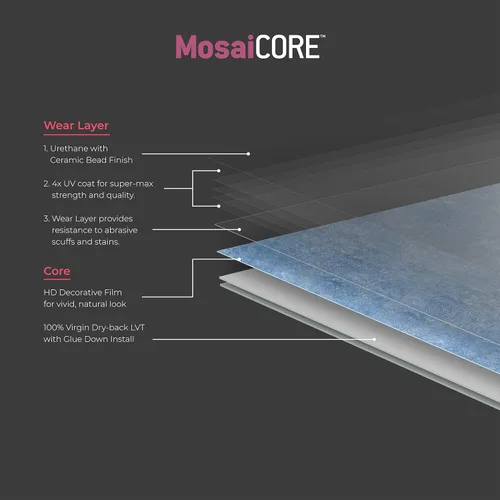 Vista 4 de Lucida Surfaces Azulejos de vinilo de lujo para piso Suelo adhesivo para pegar Azulejo de aspecto mármol en forma de rombo MosaiCore Azulejo