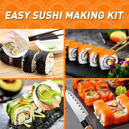 Vista 7 de Kit de fabricación de sushi, kit de 27 piezas para hacer sushi para principiantes, kit de rodillo de sushi, kit de sushi con alfombrilla de sushi