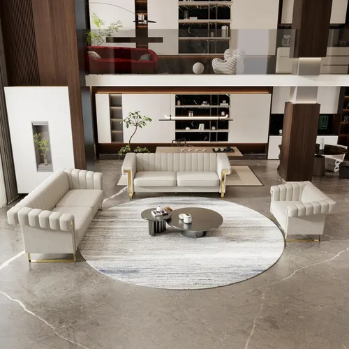 Vista 9 de Sofá de 1 pieza para sala de estar, elegante sofá de terciopelo beige con patas de metal dorado, moderno sofá copetudo de mediados de siglo