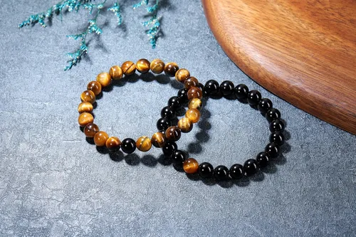 Vista 2 de Jovivi 2 pulseras elásticas de piedra curativa de obsidiana negra y ojo de tigre de 0.315 pulgadas, hechas a mano, piedras preciosas redondas