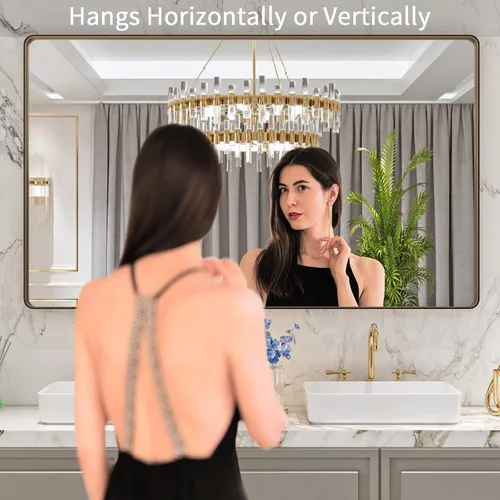 Vista 2 de LOAAO Espejos de baño de bronce de 60 x 36 pulgadas para tocador, espejos rectangulares redondeados con marco de metal de bronce cepillado