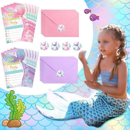 Vista 2 de PerKoop 24 juegos de invitaciones de cumpleaños de sirena incluyen tarjetas de invitaciones de fiesta de sirena, sobres y calcomanías para niñas