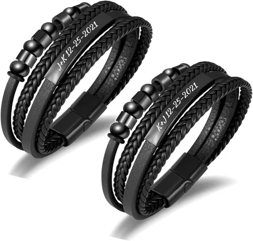 Vista 9 de Pulseras táctiles personalizadas de larga distancia para parejas, pulseras de amor tejidas de cuero negro de múltiples capas Joyas a juego