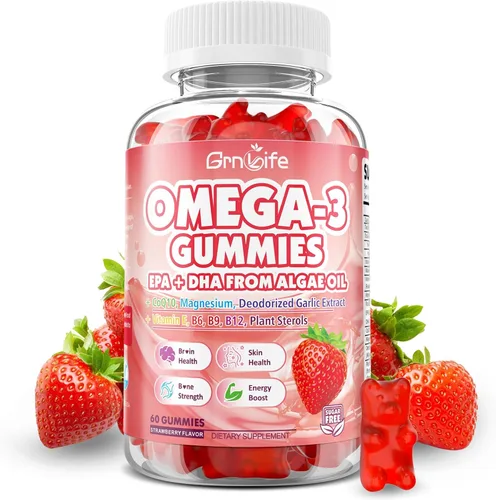 Gomitas veganas Omega 3 de 1000 mg + CoQ10 + Magnesio, con algas EPA 600 mg y DHA 400 mg, suplementos de aceite de pescado omega-3 alternativa para
