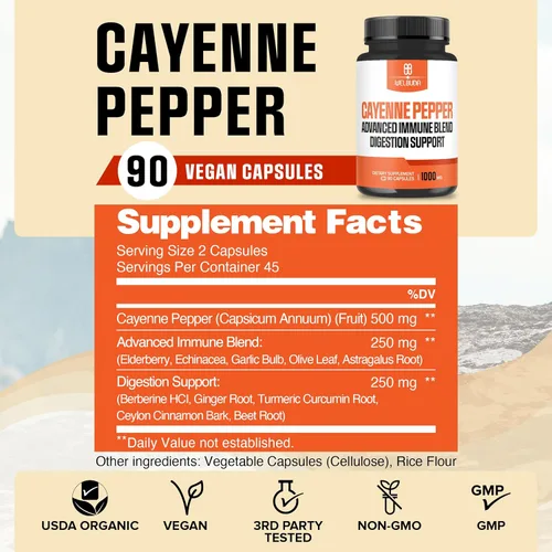 Vista 2 de WELBUDA Cápsulas de pimienta de cayena de 1000 mg con saúco, equinácea, berberina HCI y más - Apoya la salud de la digestión, corazón saludable