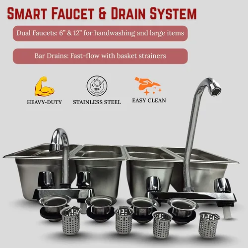 Vista 6 de Juego de fregadero de concesión de acero inoxidable estándar de 4 compartimentos y lavado de manos para soporte de concesión remolque de alimentos