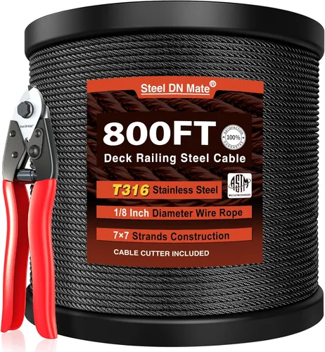 Vista 12 de Steel DN Mate Cuerda de alambre negro de 100 pies, cable de acero inoxidable de grado marino T316L de 1/8 pulgadas, 7 × 7 hebras para sistema