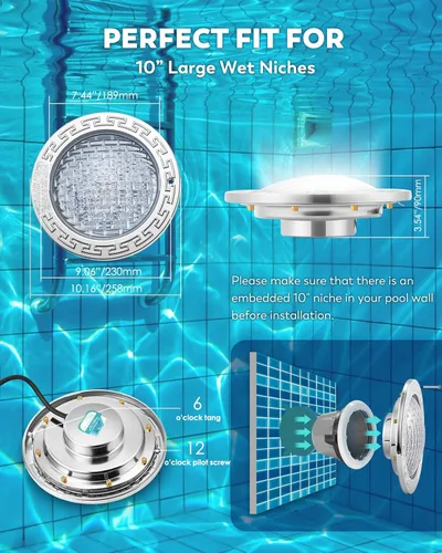 Vista 6 de Luz LED de piscina de 10 pulgadas, luces de spa subacuáticas de 12 V CA para piscinas enterradas, equivalente a 300 W, colores estáticos y efectos