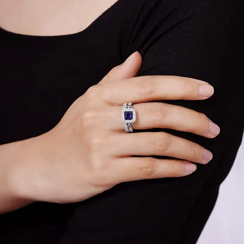 Vista 3 de Tienda Essentials Anillo antiguo de plata de ley chapada en platino o oro con circonita cúbica de elementos infinitos de corte Asscher