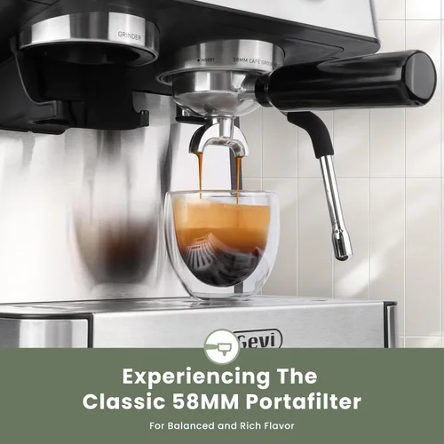 Vista 4 de Gevi - Máquina de café expreso de 20 barras con molinillo y espumador de leche, cafetera profesional para el hogar, capuchino y café con leche