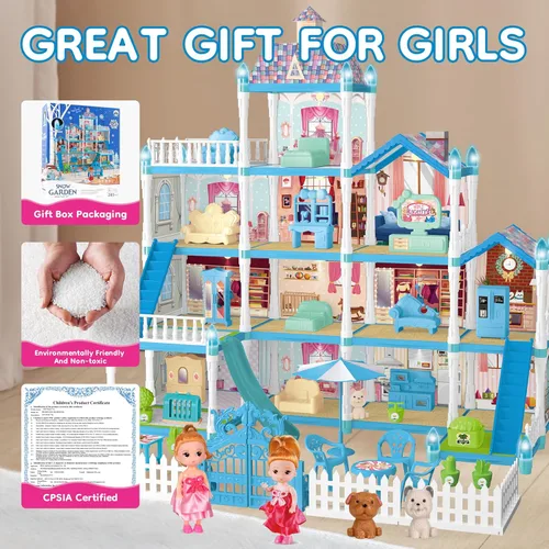 Vista 2 de Casa de Muñecas OCTERIC para Niñas, Casa de Muñecas de 13 Habitaciones con 2 Muñecas, Luces, Figuras, Cachorros, Muebles, Accesorios, Juguetes