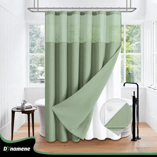 Vista 379 de Cortina de ducha de tela Dynamene verde oscuro - Cortinas de baño de tela de nido de abeja texturizadas resistentes, juego de cortinas de baño