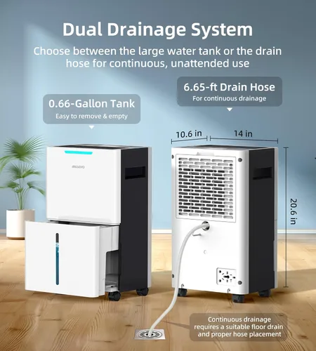 Vista 2 de Deshumidificadores de 5000 pies cuadrados para el hogar y el sótano, deshumidificador de 52 pintas/día con manguera de drenaje, 3 modos