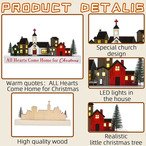 Vista 7 de Letrero de Decoraciones Navideñas, Decoración de Pueblo con Luz LED, Letrero de Madera Rústica de Feliz Navidad, Centro de Mesa de Decoración