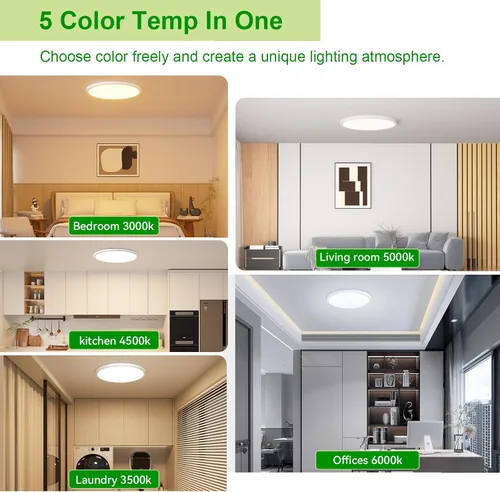 Vista 2 de hunhun Lámpara de techo LED de montaje empotrado de 3200 lm, 12 pulgadas, 5CCT ajustable, lámpara de techo LED súper delgada de 0,87 pulgadas