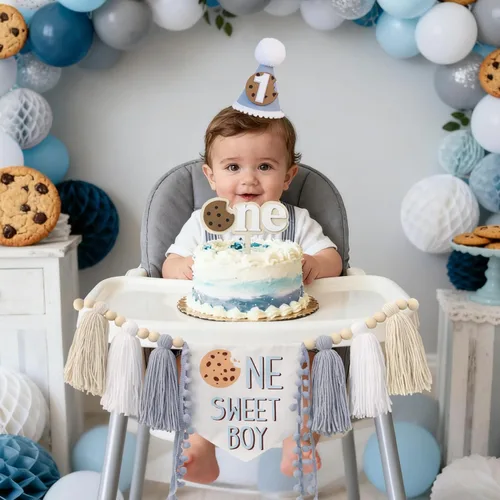 Vista 2 de DCJHFJ Cartel para silla alta con temática de galletas One Sweet Boy para decoración de fiesta de primer cumpleaños con sombrero de cumpleaños