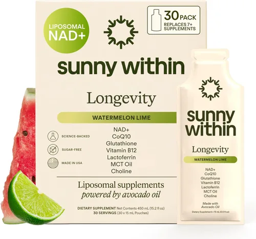 Vista 10 de Suplemento de glutatión liposomal NAD+ Mezcla de longevidad con NAD líquido +, CoQ10, B12, MCT y aceite de aguacate - Salud celular, energía