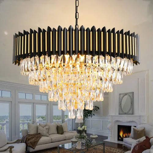 Black and Gold Chandelier 15-Light Modern Crystal Chandeliers for Dining Room Living Room Round 6 Tiers Contemporary Ceiling Hanging Light Pendant