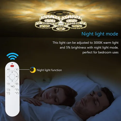 Vista 2 de KKMYWAN Crystal Flush Mount Ceiling Light LED Dimmable Chandelier with Remote 5 Rings Ceiling Lamp Fixture for Bedroom Living Room Dining Room Foyer