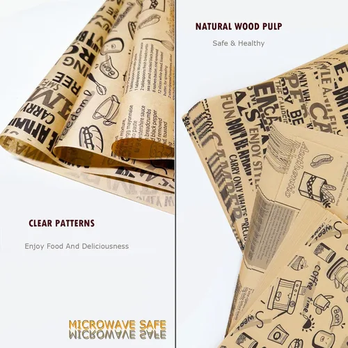 Vista 3 de OTOPETE 300 piezas de hojas de papel para alimentos, hojas de papel a prueba de grasa de 10"x10", papel kraft de tres patrones, forro para cesta