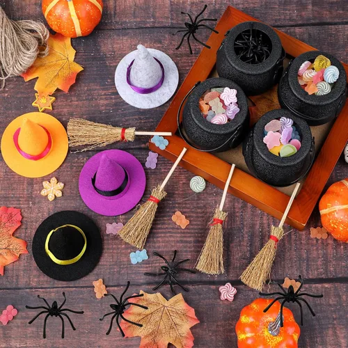 Vista 3 de FOIMAS 37 piezas de sombreros de bruja mini caldero de caramelo negro y escobas de bruja para Halloween, accesorios de manualidades, decoración
