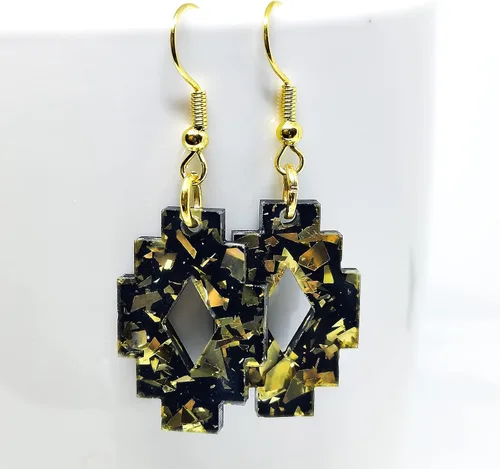 Vista 4 de Boho Black and Gold Sparkle Dangle & Drop Earrings, Handmade, Metal for Sensitive Ears- Statement Earrings (Aztec Dangle Earrings)