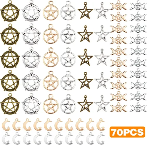 Vista 2 de 70 dijes mixtos de estrella de pentáculo, luna, pentagrama, bruja, colgantes, protección de aleación vintage, dijes de la suerte para bricolaje