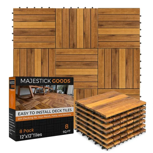 Vista 9 de Majestick Goods Azulejos largos entrelazados de 12 x 12 pulgadas – Elegantes azulejos de patio para suelos de exterior – Madera de acacia duradera