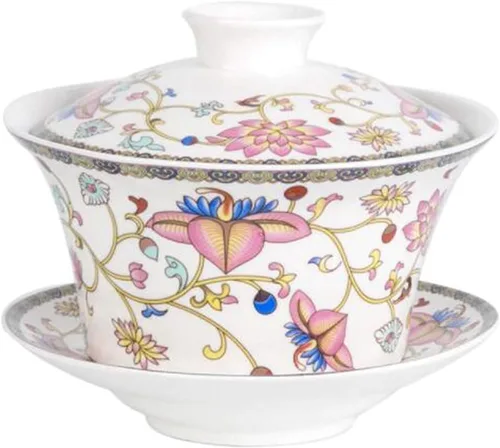 Vista 7 de YBK Tech - Taza de té grande de Gaiwan, de porcelana de 10 onzas, con platillo y tapa, Gaiwan tradicional chino, cuenco de té Sancai (5#)