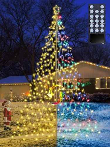 Vista 8 de Tira de luces de estrella para exteriores, juego de poste con control remoto, múltiples modos de iluminación, temporizador y función impermeable