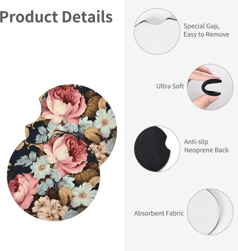 Vista 4 de Posavasos con estampado floral vintage (2.7 pulgadas de diámetro), posavasos absorbentes de agua y a prueba de fugas